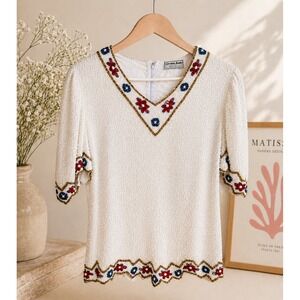 Creative‎ Touch Vintage Silk Beaded Blouse White Floral Sequin Scalloped Hem Top